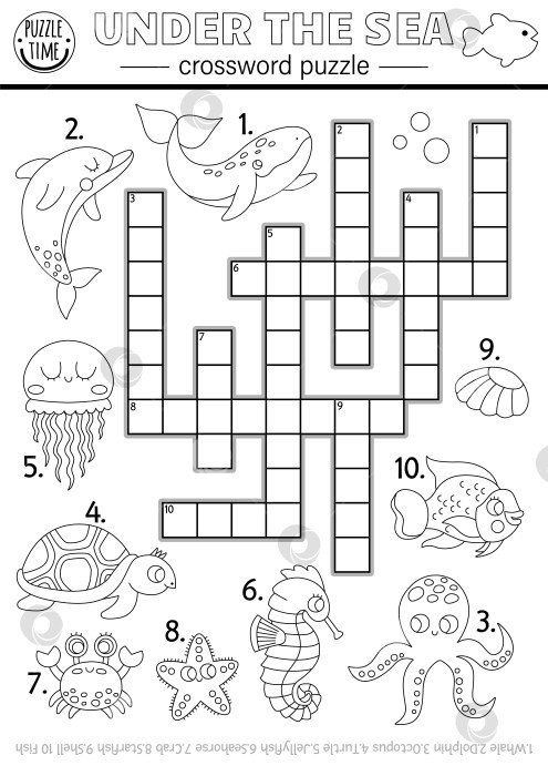 Скачать Векторный черно-белый кроссворд "Под водой" для детей. Простая линейная викторина о жизни в океане для детей. Образовательное морское занятие, раскраска с рыбами, водными животными, китом, дельфином фотосток Ozero
