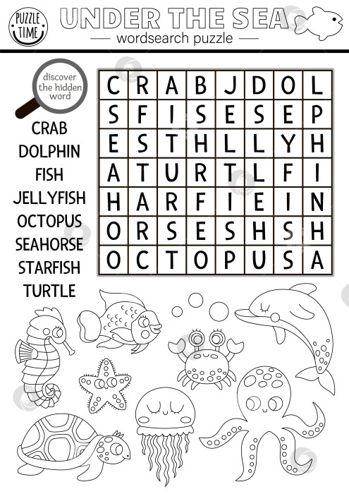 Скачать Векторная черно-белая головоломка для поиска слов под водой для детей. Простая викторина по поиску слов в строке "Океанская жизнь". Образовательное занятие по водным животным и рыбам, раскраска с осьминогом, крабом фотосток Ozero