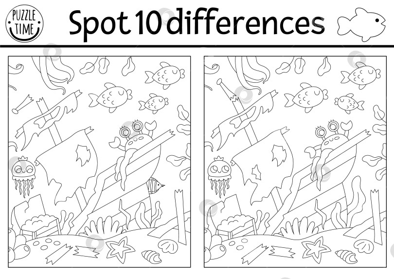 Скачать Игра "Найди отличия" для детей. Черно-белое образовательное занятие с затонувшим кораблем, морским пейзажем. Головоломка "Линия жизни в океане" для детей с лодкой. Подводная раскраска для печати фотосток Ozero