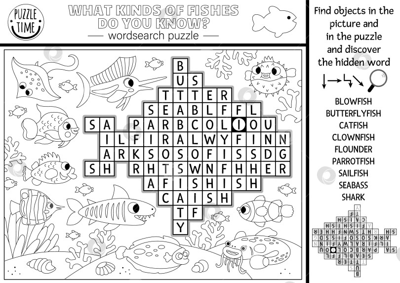 Скачать Векторная черно-белая головоломка для поиска слов под водой для детей. Простая викторина по поиску слов в линии жизни океана для детей. Раскраска "Водные животные и рыбы". Какие виды рыб вы знаете фотосток Ozero