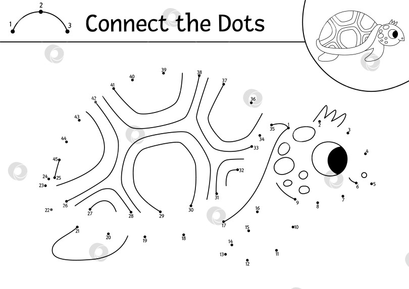 Скачать Векторная точечная и цветовая активность с милой черепахой. Под водой соедини точки - игра для детей с забавным водяным животным. Раскраска "Океанская жизнь" для детей. Рабочий лист для печати фотосток Ozero