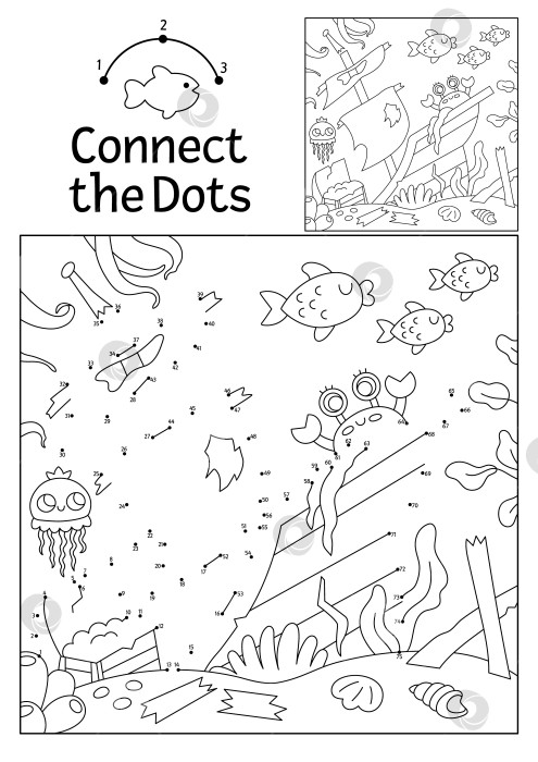 Скачать Векторная точечная и цветовая активность с затонувшим кораблем, скрытым в ландшафте. Игра "Под водой соедини точки" для детей. Раскраска "Океанская жизнь" для детей: разрушенная пиратская лодка, краб, рыба фотосток Ozero