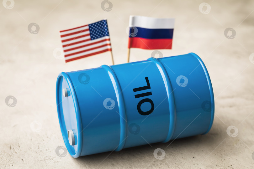 Скачать Баррель нефти на фоне флагов России и Америки, концепция на тему сотрудничества фотосток Ozero