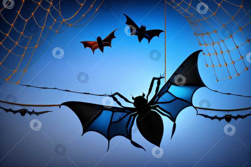 Скачать Фон Хэллоуина с черными летучими мышами, паутиной на синем фоне. Ужасный фон с пространством для копирования вашего дизайна. Концепция украшения на Хэллоуин. Генеративный искусственный интеллект. фотосток Ozero
