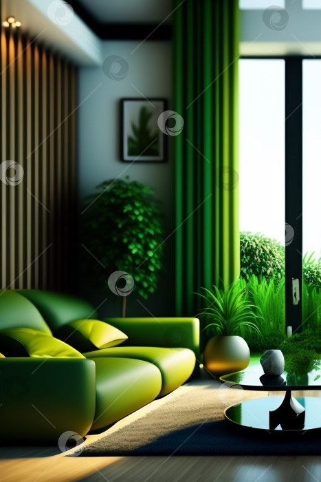 Скачать Интерьер современной гостиной с большим количеством зеленых растений. Биофильный дизайн интерьера. Экологический образ жизни. Генеративный искусственный интеллект. фотосток Ozero