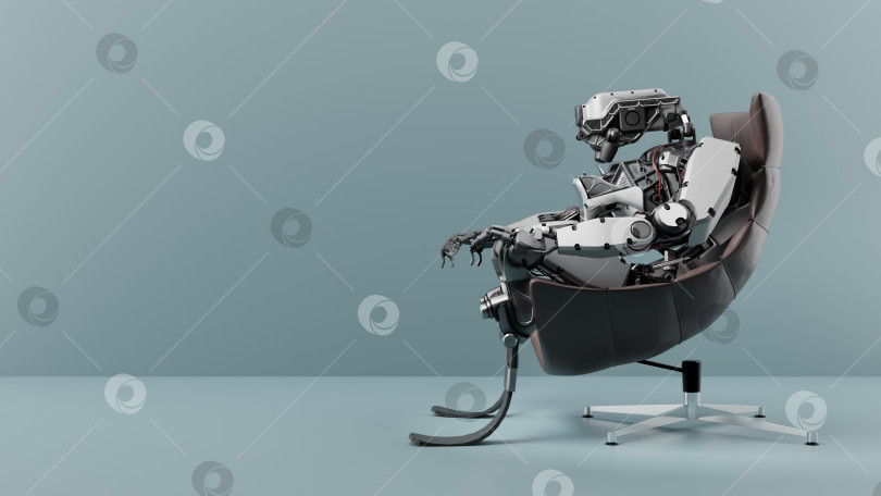 Скачать человекоподобный робот, сидящий в кресле, киборг в повседневной жизни, фэнтези, 3d рендеринг фотосток Ozero