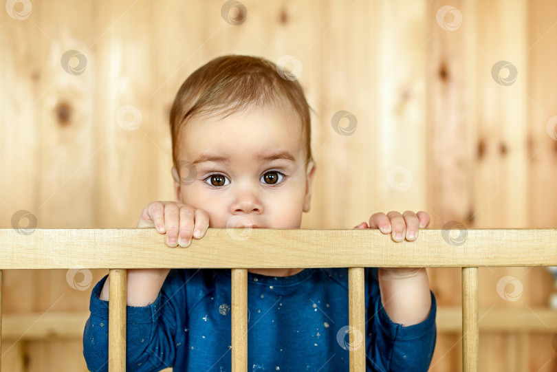 Скачать Маленькая годовалая девочка стоит в кроватке фотосток Ozero