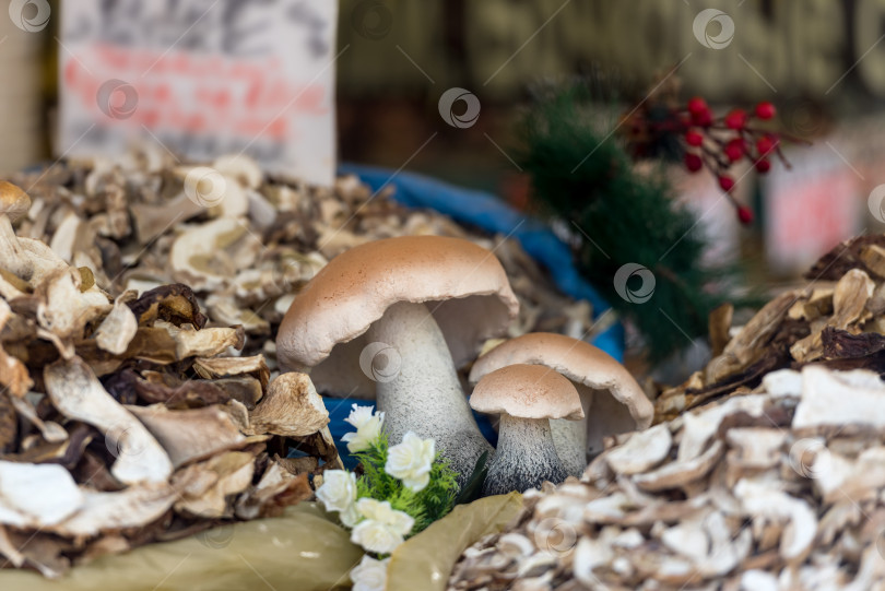 Скачать Сушеные грибы на прилавке на рынке крупным планом фотосток Ozero