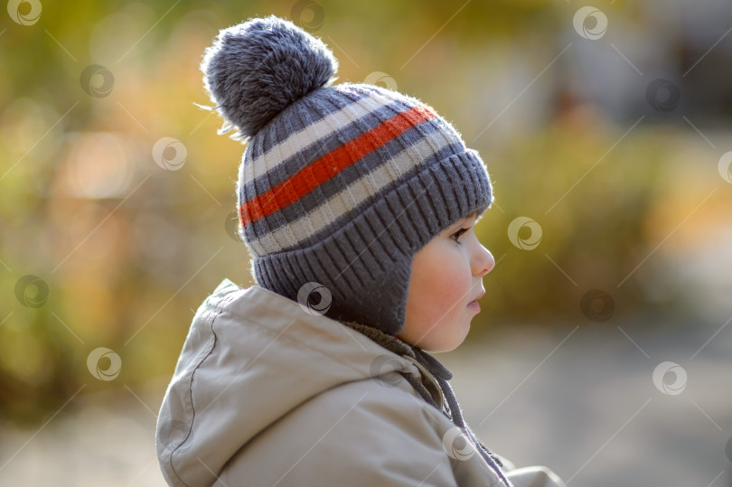Скачать Маленький мальчик 3 лет в шляпе крупным планом на фоне осеннего парка фотосток Ozero
