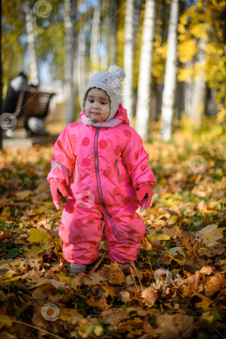 Скачать Годовалая девочка в красном комбинезоне на прогулке осенью фотосток Ozero