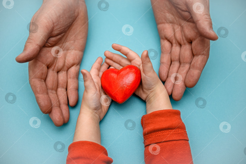 Скачать Взрослые и детские руки держат красное сердечко - концепцию здоровья, любви и семьи. День матери, День здоровья. Усыновление и благотворительность. фотосток Ozero
