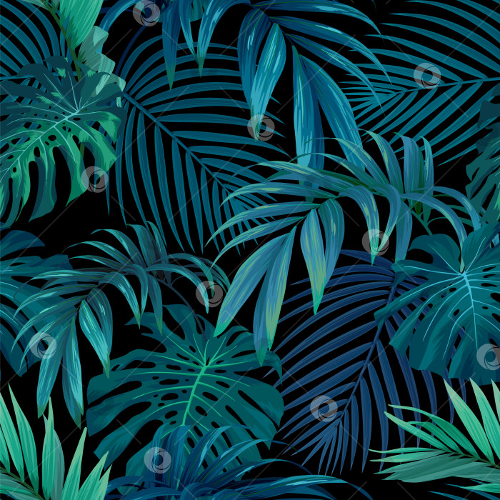 Скачать Бесшовный нарисованный от руки тропический векторный узор с пальмовыми листьями монстеры на темном фоне. фотосток Ozero
