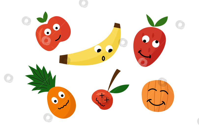 Скачать Набор разноцветных фруктов Crazy faces. Сочная тропическая иллюстрация в мультяшном стиле Doodle. фотосток Ozero