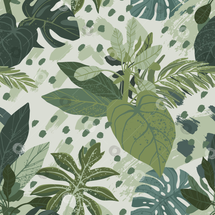 Скачать Бесшовный тропический векторный узор, нарисованный от руки, с монстерой и экзотическими пальмовыми листьями. фотосток Ozero