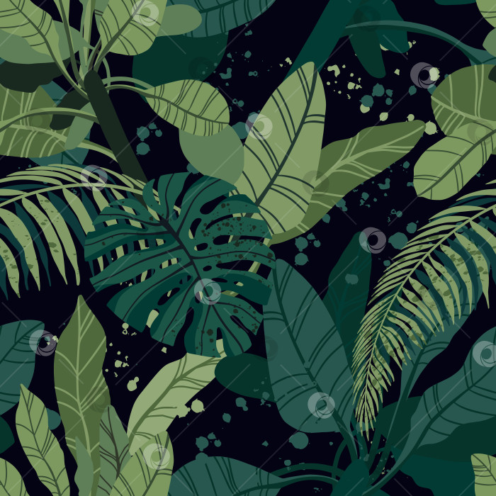 Скачать Бесшовный тропический узор с экзотическими пальмовыми листьями и различными растениями на темном фоне. фотосток Ozero