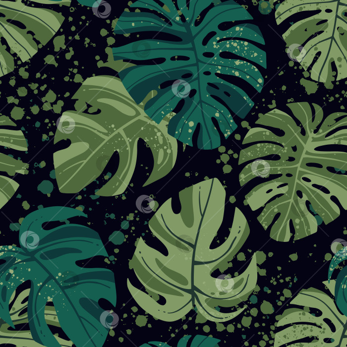 Скачать Бесшовный тропический узор с экзотическими пальмовыми листьями и различными растениями на темном фоне. фотосток Ozero
