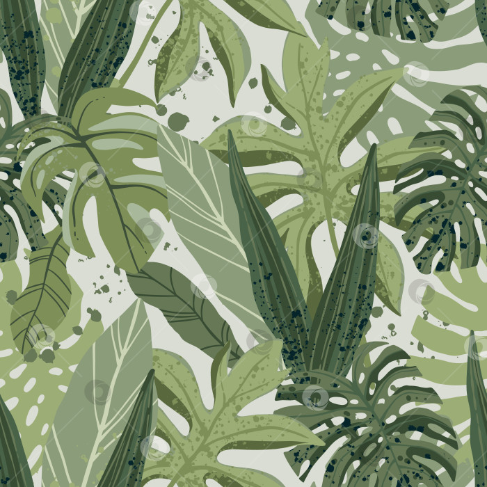 Скачать Бесшовный тропический узор с экзотическими пальмовыми листьями и различными растениями на светлом фоне. фотосток Ozero