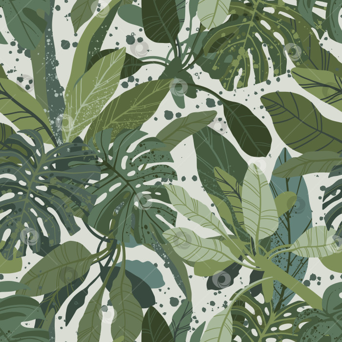 Скачать Бесшовный тропический векторный узор, нарисованный от руки, с монстерой и экзотическими пальмовыми листьями. фотосток Ozero
