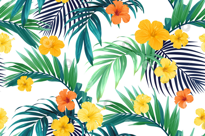 Скачать Бесшовный тропический векторный узор, нарисованный от руки, с яркими цветами гибискуса и экзотическими пальмовыми листьями. фотосток Ozero