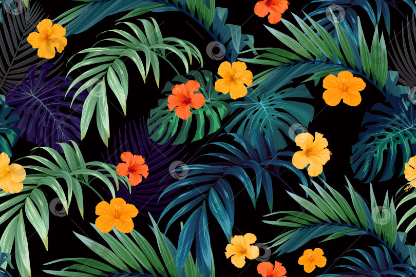 Скачать Бесшовный тропический векторный узор, нарисованный от руки, с яркими цветами гибискуса и экзотическими пальмовыми листьями на темном фоне. фотосток Ozero