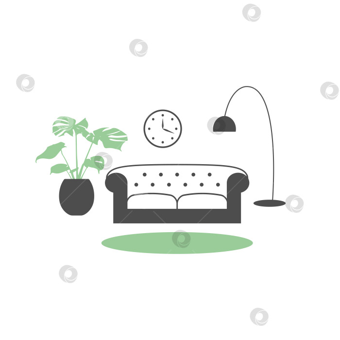Скачать Интерьер гостиной с диваном, торшером и растением. Мебельная иконка фотосток Ozero