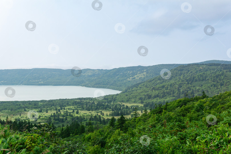 Скачать природный ландшафт острова Кунашир, вид на кальдеру вулкана Головнина с горячими озерами фотосток Ozero