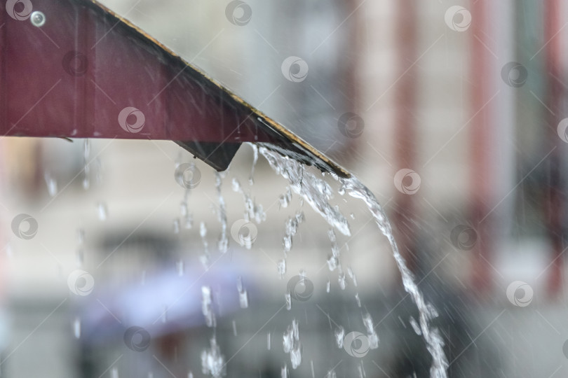 Скачать Ливневый дождь мощным потоком стекает с крыши фотосток Ozero