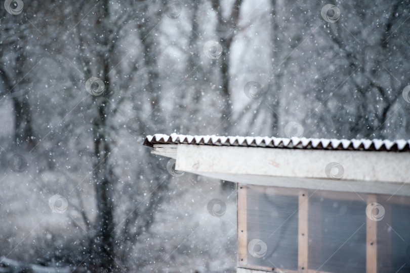 Скачать снегопад над крышей дома. Зимняя погода. фотосток Ozero