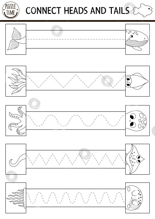 Скачать Векторный рабочий лист для практики рукописного ввода под водой. Черно-белое занятие для детей дошкольного возраста "Океанская жизнь", пригодное для печати. Игра-трассировка для развития навыков письма. Раскраска "Соедини орла и решку" фотосток Ozero