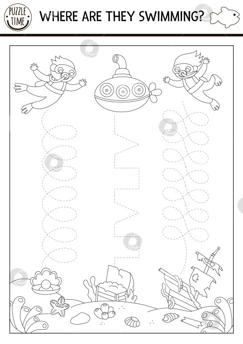 Скачать Векторный рабочий лист для практики рукописного ввода под водой. Черно-белое занятие для детей дошкольного возраста "Океанская жизнь", пригодное для печати. Игра-трассировка для развития навыков письма. Раскраска с аквалангистами, подводная лодка фотосток Ozero