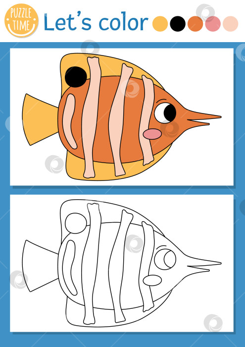Скачать Раскраска "Под водой" для детей с рыбкой-бабочкой. Векторная иллюстрация контура океанской жизни с милым водным животным. Раскраска для детей с цветным примером. Навыки рисования рабочий лист для печати фотосток Ozero