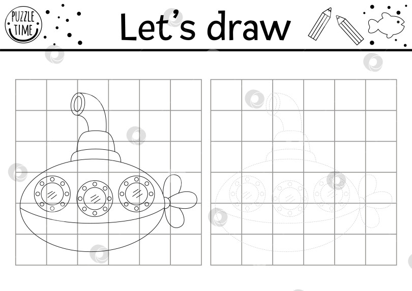 Скачать Нарисуйте подводную лодку. Векторный практикум по рисованию на морском листе. Черно-белое занятие для детей с подводной лодкой для печати. Жизнь океана скопируйте или дополните картинку-раскраску фотосток Ozero