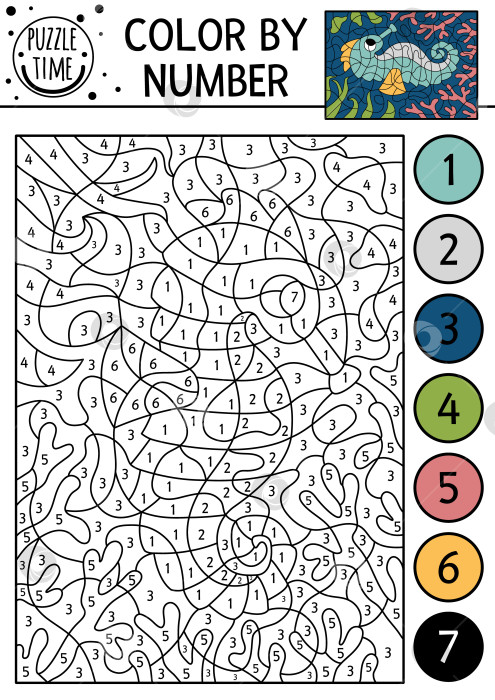 Скачать Вектор под цвет моря по номеру активности с морским коньком и кораллами. Сцена из жизни океана. Черно-белая игра в подсчет с водяным животным. Раскраска для детей с подводным пейзажем фотосток Ozero