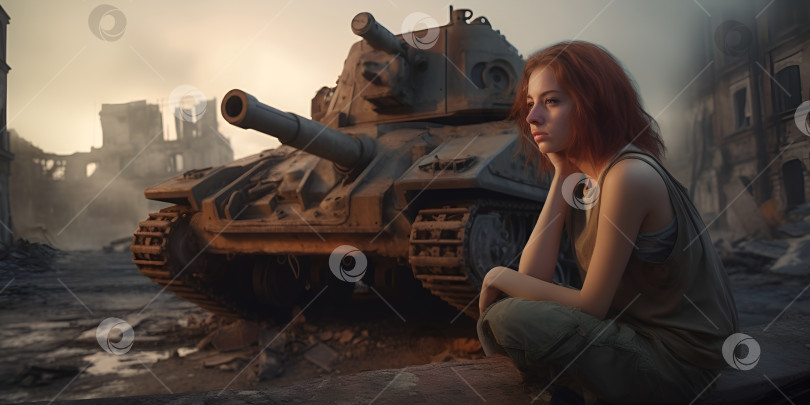 Скачать Рыжеволосая девушка сидит на развалинах уничтоженного танка фотосток Ozero