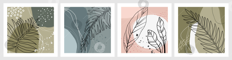 Скачать Набор векторных художественных летних открыток, нарисованных от руки, с тропическими пальмовыми листьями, органическими формами и текстурами. фотосток Ozero