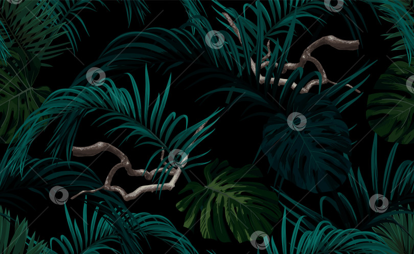 Скачать Темный тропический бесшовный узор с экзотической монстерой и листьями королевской пальмы. Векторная иллюстрация. фотосток Ozero