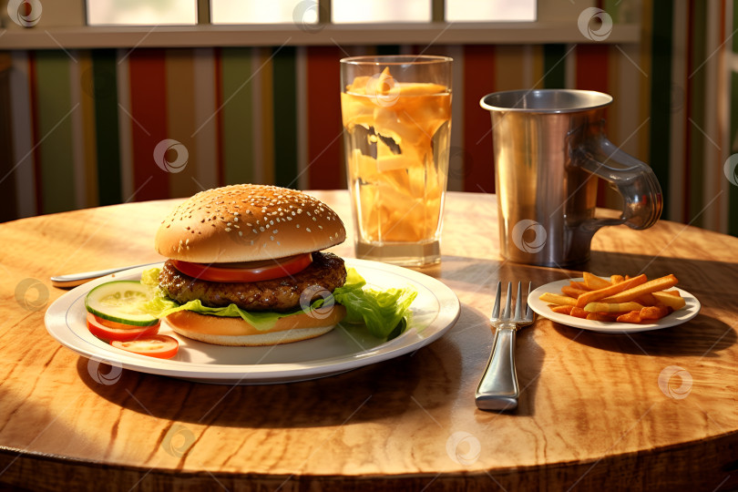Скачать Гамбургер и картофель фри на столе в ресторане, фотореалистичный, 1960-е годы фотосток Ozero