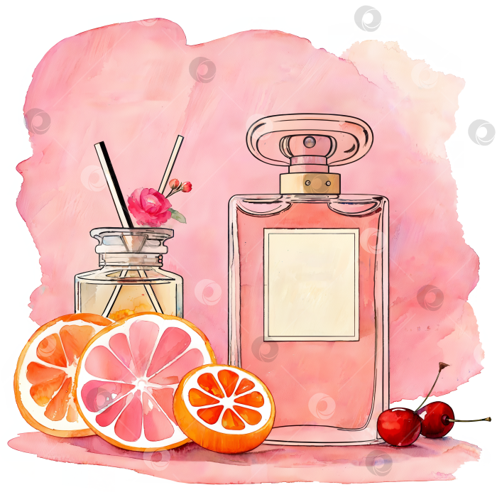 Скачать Флакон духов с ароматом апельсинов, грейпфрута и вишни. Акварельный принт на прозрачном фоне. фотосток Ozero