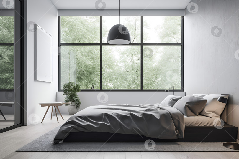 Скачать Спальня в минималистском стиле с большим окном, пропускающим достаточно естественного света фотосток Ozero