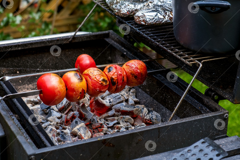 Скачать Спелые свежие помидоры нанизывают на шампур над раскаленными углями. фотосток Ozero