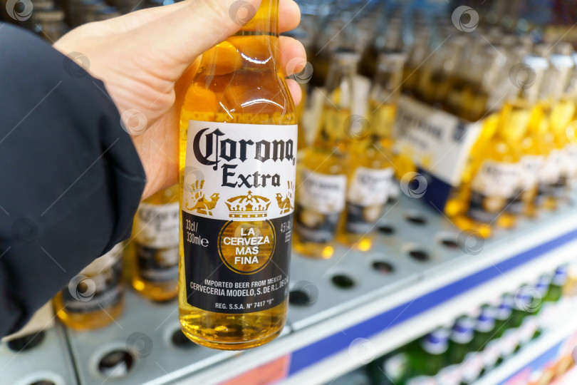 Скачать Тюмень, Россия - 02 декабря 2021 года: Бутылки пива Corona Extra. Corona - самое популярное импортное пиво в США. фотосток Ozero