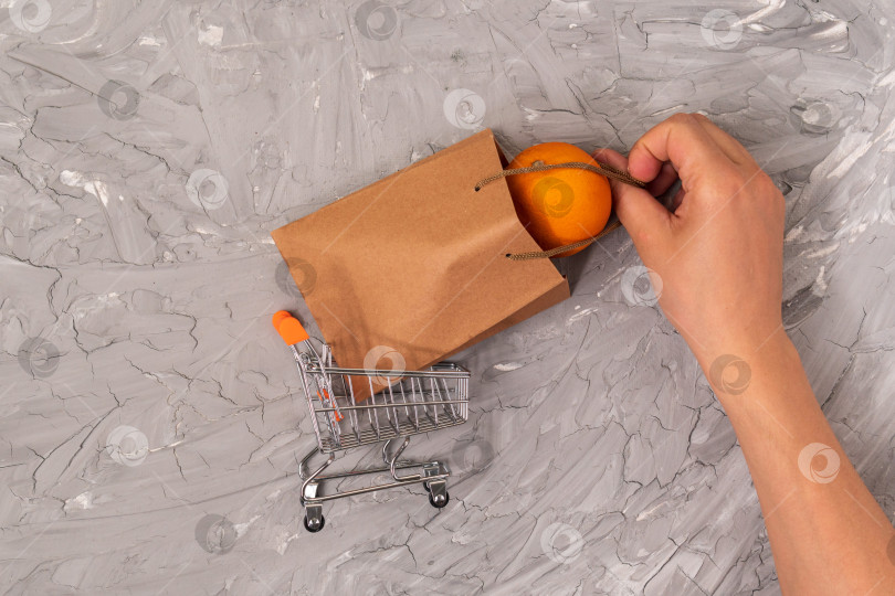 Скачать Корзина для покупок с крафтовым пакетом, покупаю фруктовые апельсины. фотосток Ozero