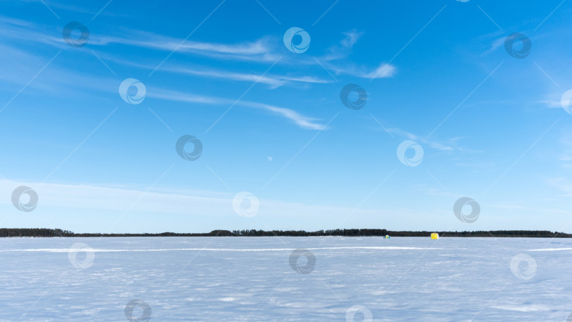 Скачать Зимняя природа и ландшафт. голубое небо и замерзшее ледяное озеро. Лес на горизонте. фотосток Ozero