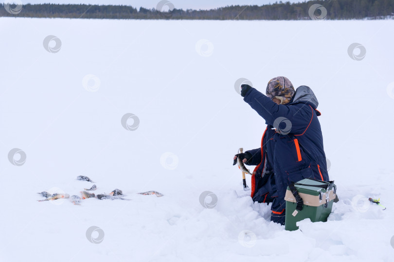 Скачать подледная рыбалка. рыбак ловит рыбу на зимнем озере на фоне леса и голубого неба. фотосток Ozero