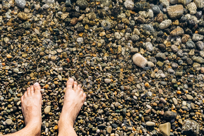Скачать Ноги мужчины на берегу каменного морского пляжа. Место для копирования текста фотосток Ozero