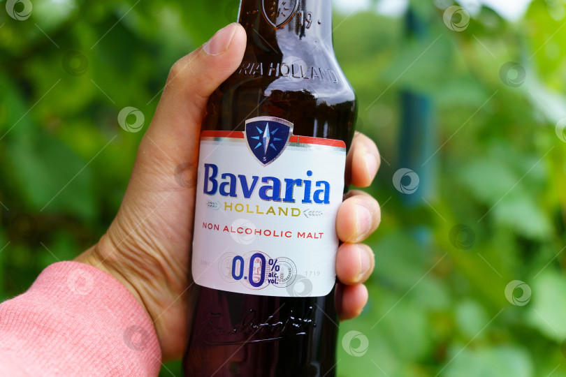 Скачать Волжский, Россия - 25 сентября 2021 года: Бутылка безалкогольного пива Bavaria Holland. В руках покупателя. Избирательный фокус фотосток Ozero