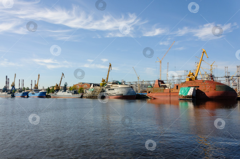 Скачать Россия, Санкт-Петербург, май 2021 года: Морской грузовой порт, краны и суда фотосток Ozero