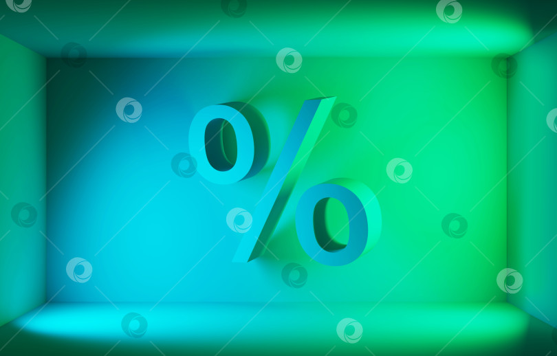 Скачать Знак объемного процента внутри коробки, подсвеченный зелено-синим светом фотосток Ozero