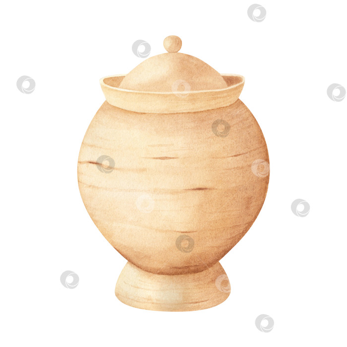 Скачать Деревянная кухонная утварь: деревянная кастрюля для меда, сахара. Деревянный кувшин. Акварельная иллюстрация, выделенная на белом фоне фотосток Ozero
