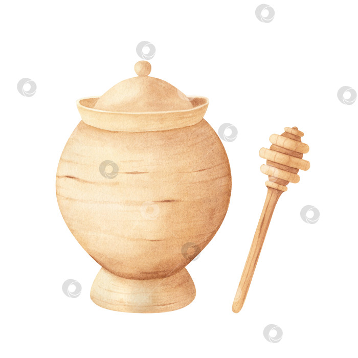 Скачать Деревянная кухонная утварь: деревянная кастрюля и ковшик для меда. Деревянный кувшин. Акварельная иллюстрация, выделенная на белом фоне фотосток Ozero
